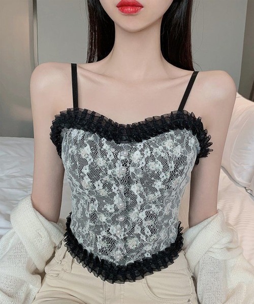 Lace Ladies(レースレディース)の「花柄 レース ハートネック パール付き ビスチェ(キャミソール・レディース・ブラック/ホワイト・FREE)」の1枚目の写真