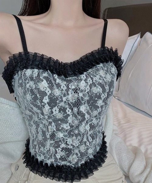 Lace Ladies(レースレディース)の「花柄 レース ハートネック パール付き ビスチェ(キャミソール・レディース・ブラック/ホワイト・FREE)」の21枚目の写真
