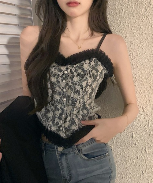 Lace Ladies(レースレディース)の「花柄 レース ハートネック パール付き ビスチェ(キャミソール・レディース・ブラック/ホワイト・FREE)」の19枚目の写真