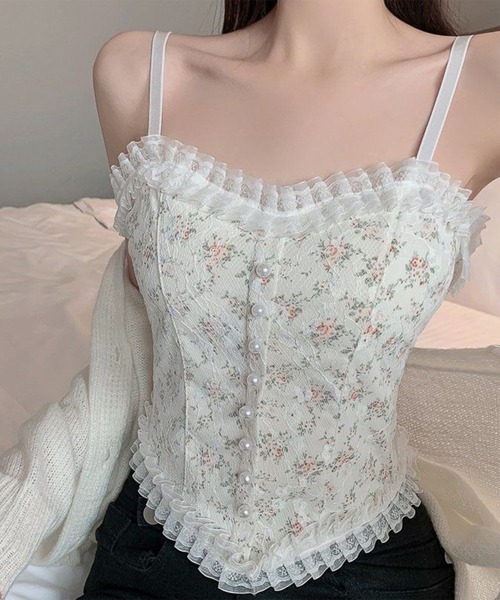 Lace Ladies(レースレディース)の「花柄 レース ハートネック パール付き ビスチェ(キャミソール・レディース・ブラック/ホワイト・FREE)」の17枚目の写真