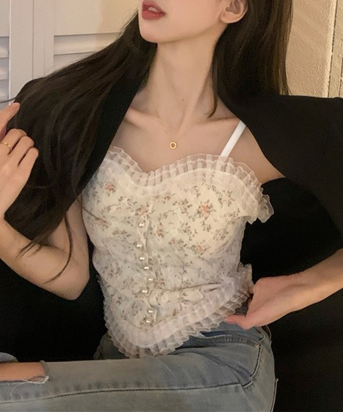 Lace Ladies(レースレディース)の「花柄 レース ハートネック パール付き ビスチェ(キャミソール・レディース・ブラック/ホワイト・FREE)」の14枚目の写真