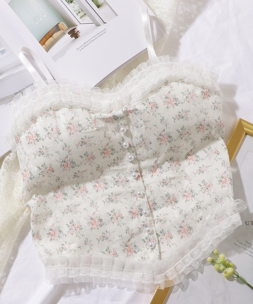 Lace Ladies(レースレディース)の「花柄 レース ハートネック パール付き ビスチェ(キャミソール・レディース・ブラック/ホワイト・FREE)」の11枚目の写真