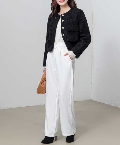 セール】レディース 長袖ツイード風ゴールドボタンクロップド