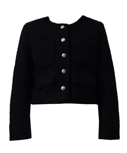 クロップド丈】金釦に熱視線。長袖ツイード風ノーカラーボアジャケット
