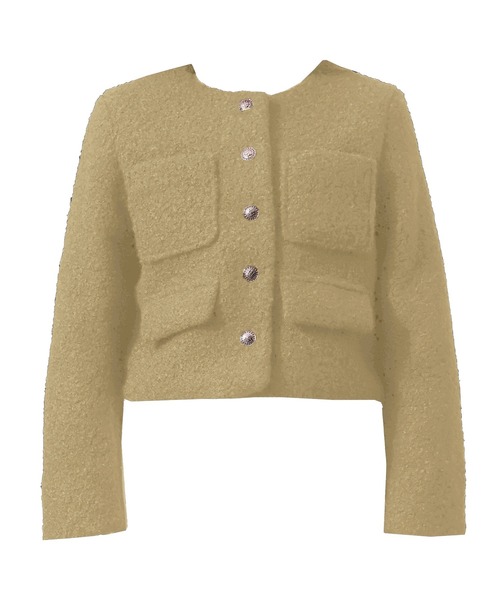 クロップド丈】金釦に熱視線。長袖ツイード風ノーカラーボアジャケット