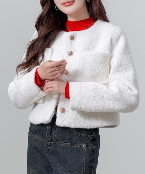 25SS＊新品タグ付＊ドアーズ ツイードノーカラージャケット 長袖 金ボタン zyz8336_1.jpg