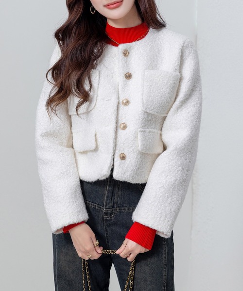 クロップド丈】金釦に熱視線。長袖ツイード風ノーカラーボアジャケット