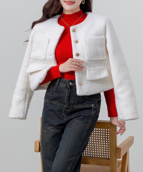 クロップド丈】金釦に熱視線。長袖ツイード風ノーカラーボア