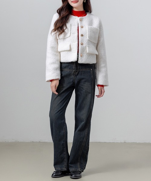 ボア ノーカラージャケット ホワイト　新品未使用タグ付き e-5941-1.jpg