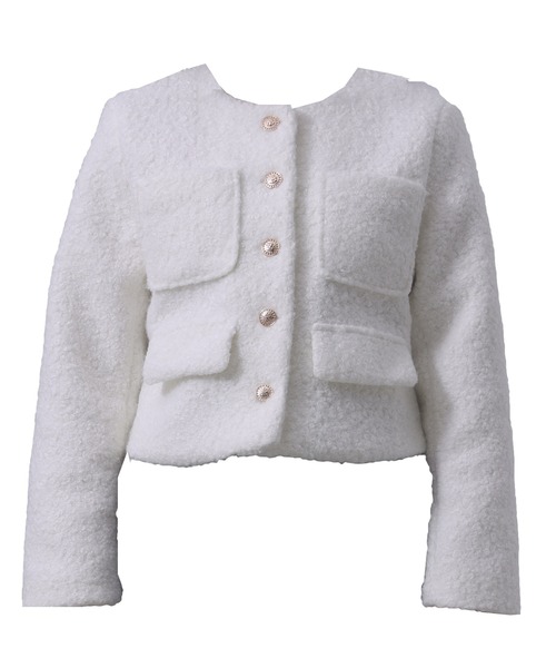 クロップド丈】金釦に熱視線。長袖ツイード風ノーカラーボアジャケット