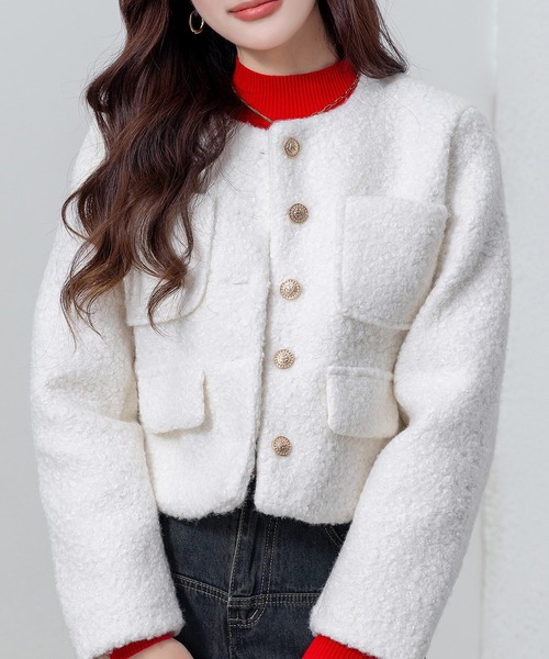 セール】【クロップド丈】金釦に熱視線。長袖ツイード風ノーカラーボア