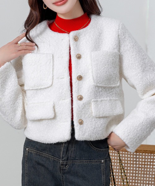 25SS＊新品タグ付＊ドアーズ ツイードノーカラージャケット 長袖 金ボタン ジャケット ノーカラージャケット ゴールドボタンツイード