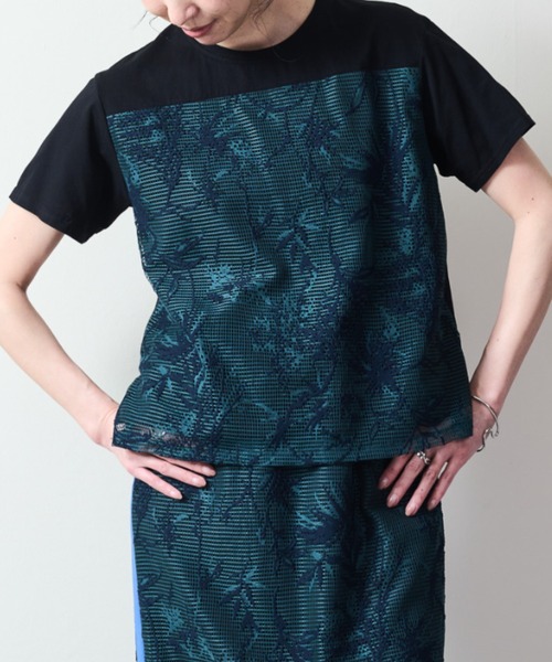 tシャツ フロントボタニカルレーストップス レディース セール】フロントボタニカルレーストップス（Tシャツ/カットソー