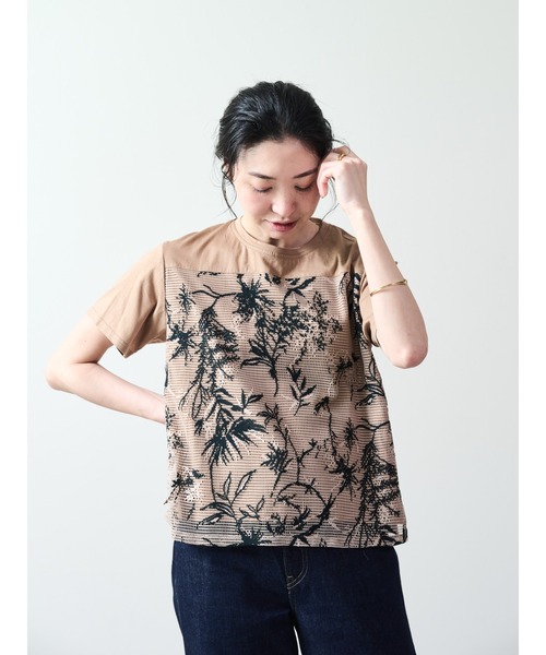 tシャツ フロントボタニカルレーストップス レディース セール】フロントボタニカルレーストップス（Tシャツ/カットソー