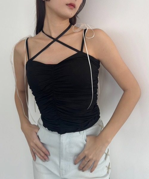 one after another NICE CLAUP（ワンアフターアナザーナイスクラップ）の「シャーリングキャミソール（キャミソール・レディース・ブラック/オフホワイト/ベビーピンク・FREE）」の3枚目の写真