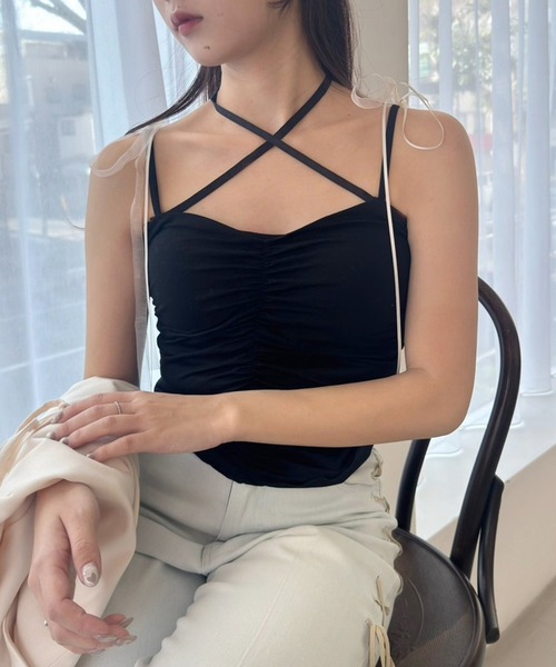 one after another NICE CLAUP（ワンアフターアナザーナイスクラップ）の「シャーリングキャミソール（キャミソール・レディース・ブラック/オフホワイト/ベビーピンク・FREE）」の4枚目の写真