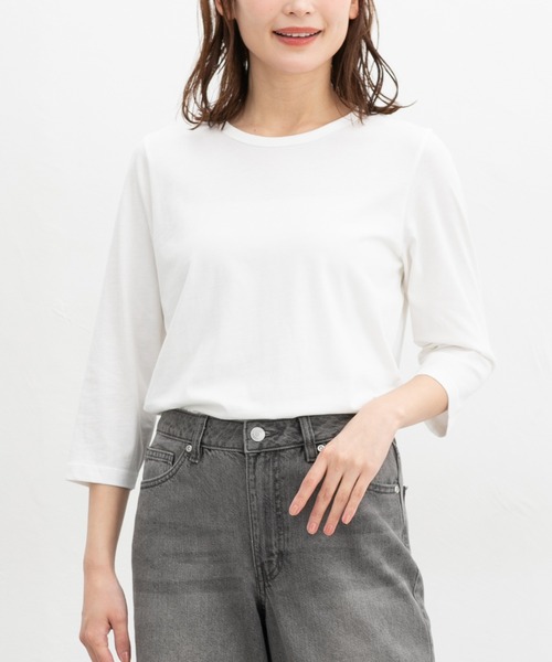 Honeys(ハニーズ)の「【UVカット】7分袖オーガニックT(Tシャツ/カットソー・レディース・スミクロ/ブルー/グリーン/ブラック/ピンク/ネイビー/オフホワイト/オートミール/ブラウン系その他・S/M/LL/L)」の1枚目の写真
