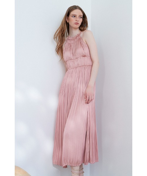 Adeline Pleaded Dress サテンランダムプリーツホルタードレス