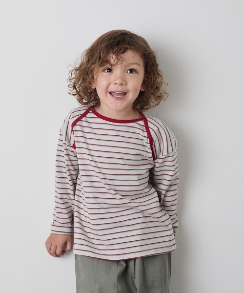 riziere（リジェール）の「配色パイピングマルチボーダープルオーバー（Tシャツ/カットソー・キッズ・ライトグレー/アイボリー・120/110/100/150/140/130/90）」の2枚目の写真