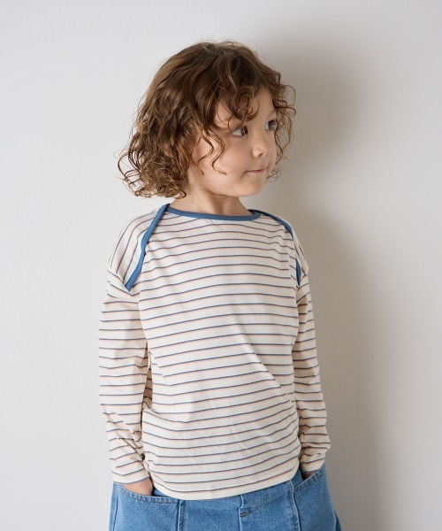 riziere（リジェール）の「配色パイピングマルチボーダープルオーバー（Tシャツ/カットソー・キッズ・ライトグレー/アイボリー・120/110/100/150/140/130/90）」の14枚目の写真