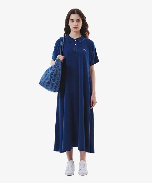 ラコステ☆インディゴ 鹿の子ポロドレス マキシ丈ワンピース フレア Iライン LACOSTE｜インディゴ 鹿の子ポロドレス マキシ丈ワンピース