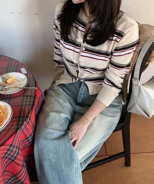 LAFFMO（ラフモ）の「ランダムマルチボーダーニットカーディガン（カーディガン/ボレロ・レディース・ブラック/グレー/ベージュ・F）」の19枚目の写真