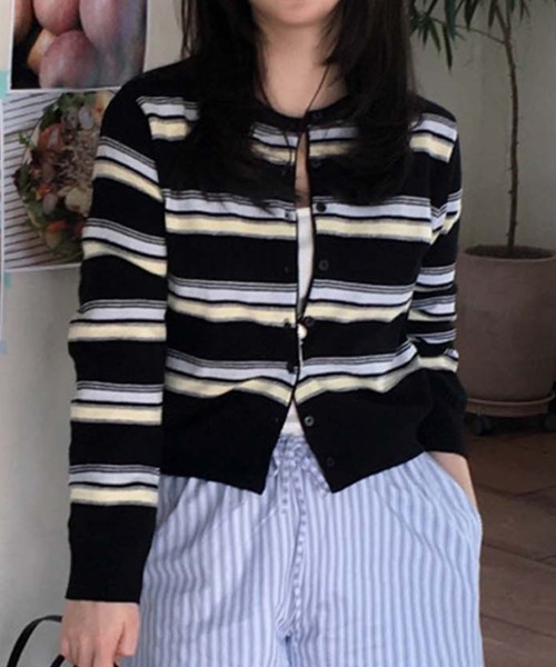 LAFFMO（ラフモ）の「ランダムマルチボーダーニットカーディガン（カーディガン/ボレロ・レディース・ブラック/グレー/ベージュ・F）」の5枚目の写真