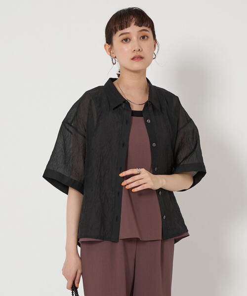 【洗える】シアーツイルワッシャー ロングシャツ セール】シアー ワッシャー シャツ（シャツ/ブラウス）｜green