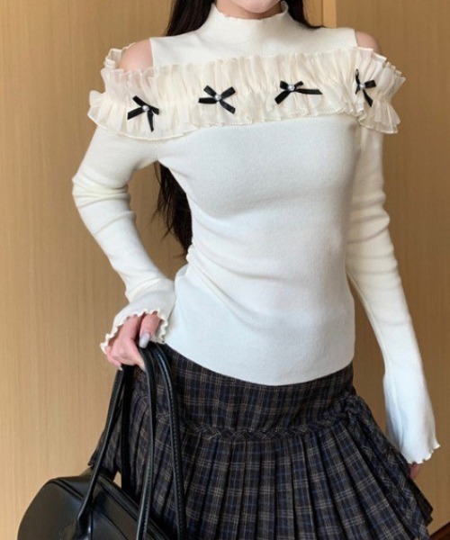 Dormiir(ドルミール)の「【Dormiir】オープンショルダーフリルリボントップス(Tシャツ/カットソー・レディース・アイボリー/ブラック/グレー・FREE)」の21枚目の写真