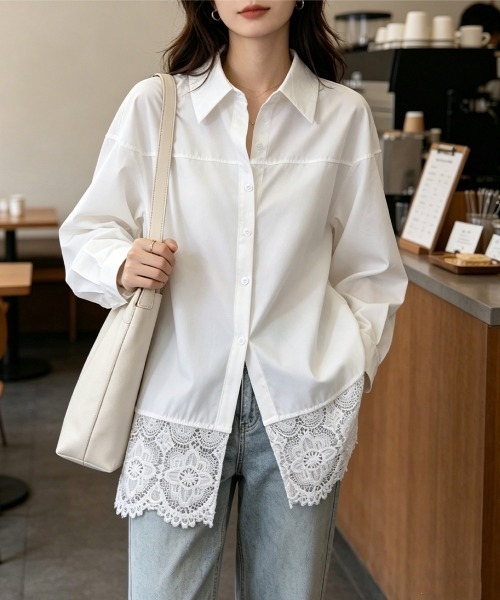 Miniministore（ミニミニストア）の「レース切替シャツブラウス長袖シャツ韓国風（シャツ/ブラウス・レディース・ホワイト・FREE）」の2枚目の写真