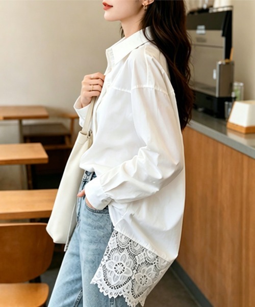 Miniministore（ミニミニストア）の「レース切替シャツブラウス長袖シャツ韓国風（シャツ/ブラウス・レディース・ホワイト・FREE）」の3枚目の写真