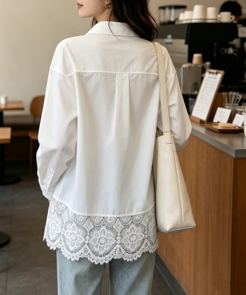 Miniministore（ミニミニストア）の「レース切替シャツブラウス長袖シャツ韓国風（シャツ/ブラウス・レディース・ホワイト・FREE）」の4枚目の写真