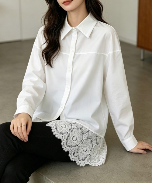 Miniministore（ミニミニストア）の「レース切替シャツブラウス長袖シャツ韓国風（シャツ/ブラウス・レディース・ホワイト・FREE）」の13枚目の写真