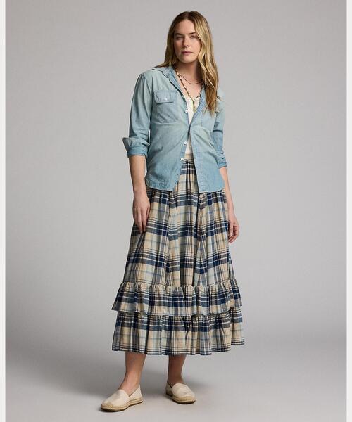 RRL インディゴチェック柄 コットンボイル ティアードスカート RRL（ダブル アール エル）の「インディゴ チェック コットン
