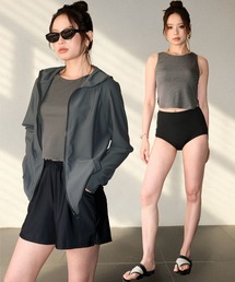 OSYAREVO | 【紫外線カット率99.9％以上】フードパーカー ラッシュガード 付き リブ タンキニ 水着 セットアップ 体型カバー 4点セット レディース(水着)