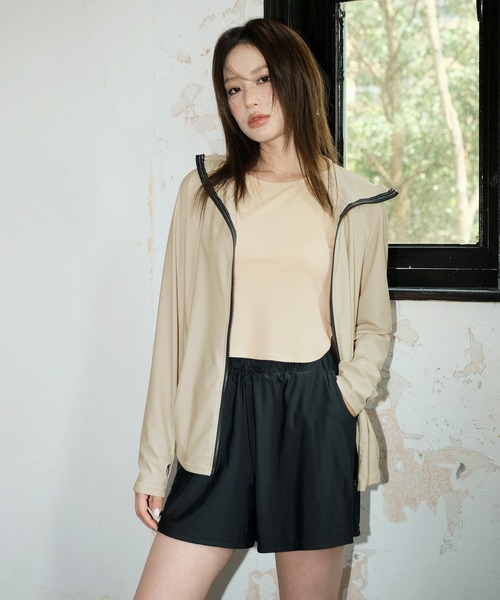 OSYAREVO（オシャレボ）の「水着 レディース 体型カバー ラッシュガード  4点セット タンキニ 紫外線カット率 99％以上 UPF50+ uvカット フィットネス 水陸両用 フードパーカー リブ セットアップ セパレート（水着・レディース・キャメル/ブラウン/グレー/キナリ・MEDIUM/X-LARGE/LARGE）」の8枚目の写真