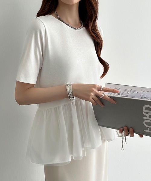 tシャツ 「ZOZO限定」チュールヘムトップス レディース 4つの機能付】上品チュールペプラムTシャツ【イエべ・ブルべ