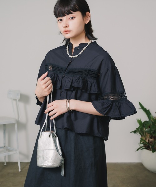 ブラウス シャツ normment/ノーメント CO silk lace pintuck＆pico frill blouse ブラウス ノーカラー シ normment/ノーメント CO silk lace pintuck&pico frill blouse