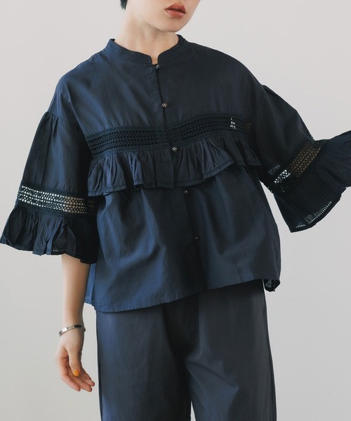ブラウス シャツ normment/ノーメント CO silk lace pintuck＆pico frill blouse ブラウス ノーカラー シ normment/ノーメント CO silk lace pintuck&pico frill blouse