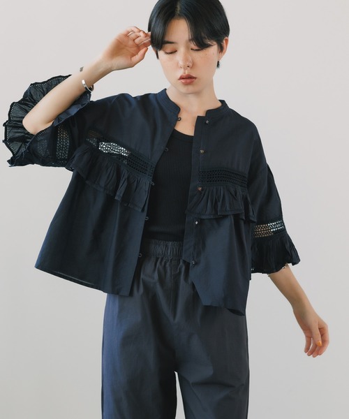 normment（ノーメント）の「normment/ノーメント CO silk lace pintuck&pico frill blouse ブラウス ノーカラー シャツ（シャツ/ブラウス・レディース・ブラック・FREE）」の19枚目の写真