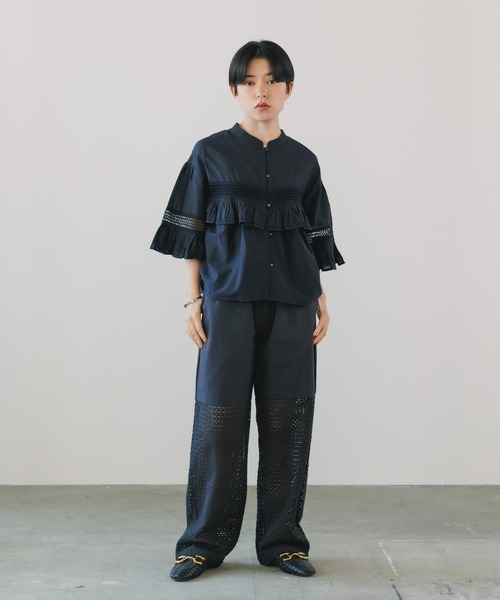 normment/ノーメント CO silk lace pintuck&pico frill blouse