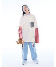 NO WAY（ノーウェイ）の「/little sunny bite/crazy stripe fake layered long tee（Tシャツ/カットソー）」