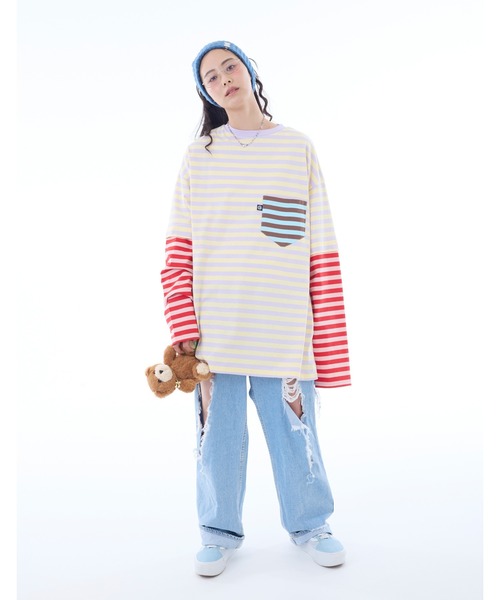 NO WAY(ノーウェイ)の「/little sunny bite/crazy stripe fake layered long tee(Tシャツ/カットソー・レディース・イエロー系/ブラック×ホワイト・MEDIUM/SMALL)」の1枚目の写真