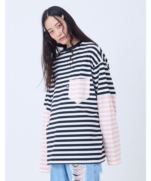 NO WAY(ノーウェイ)の「/little sunny bite/crazy stripe fake layered long tee(Tシャツ/カットソー・レディース・イエロー系/ブラック×ホワイト・MEDIUM/SMALL)」の2枚目の写真