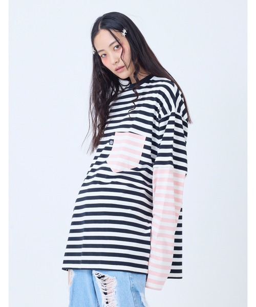 NO WAY(ノーウェイ)の「/little sunny bite/crazy stripe fake layered long tee(Tシャツ/カットソー・レディース・イエロー系/ブラック×ホワイト・MEDIUM/SMALL)」の4枚目の写真