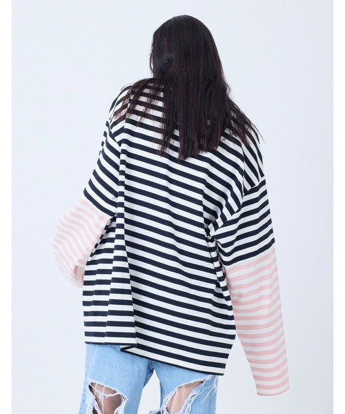 NO WAY(ノーウェイ)の「/little sunny bite/crazy stripe fake layered long tee(Tシャツ/カットソー・レディース・イエロー系/ブラック×ホワイト・MEDIUM/SMALL)」の5枚目の写真