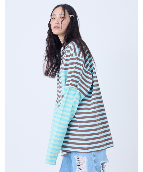 NO WAY(ノーウェイ)の「/little sunny bite/crazy stripe fake layered long tee(Tシャツ/カットソー・レディース・イエロー系/ブラック×ホワイト・MEDIUM/SMALL)」の14枚目の写真