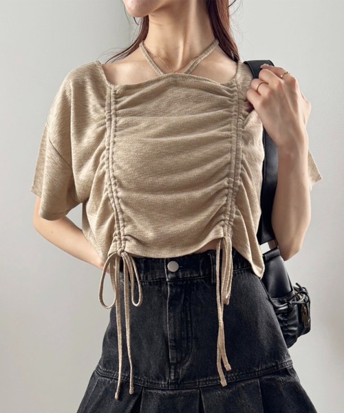 one after another NICE CLAUP(ワンアフターアナザーナイスクラップ)の「フロントドロストリボンT(Tシャツ/カットソー・レディース・ホワイト/ベージュ/ピンク/チャコールグレー・FREE)」の3枚目の写真