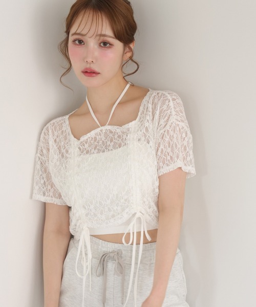 one after another NICE CLAUP(ワンアフターアナザーナイスクラップ)の「フロントドロストリボンT(Tシャツ/カットソー・レディース・ホワイト/ベージュ/ピンク/チャコールグレー・FREE)」の1枚目の写真
