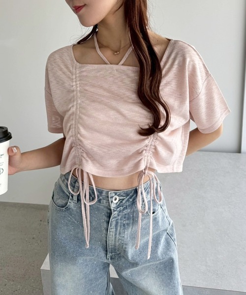one after another NICE CLAUP(ワンアフターアナザーナイスクラップ)の「フロントドロストリボンT(Tシャツ/カットソー・レディース・ホワイト/ベージュ/ピンク/チャコールグレー・FREE)」の4枚目の写真